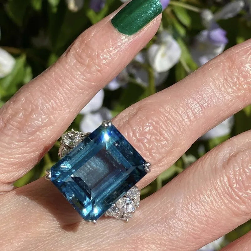 luckacco gorgeous silver color inlaid with white blue stone rings square fashion party engagement wedding rings for women jewelry