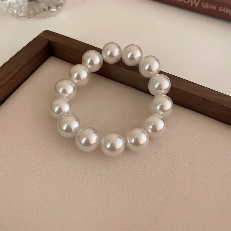 luckacco elegant white faux pearls beaded bracelets for women adjustable elastic rope bracelet french luxury hands jewelry accessories