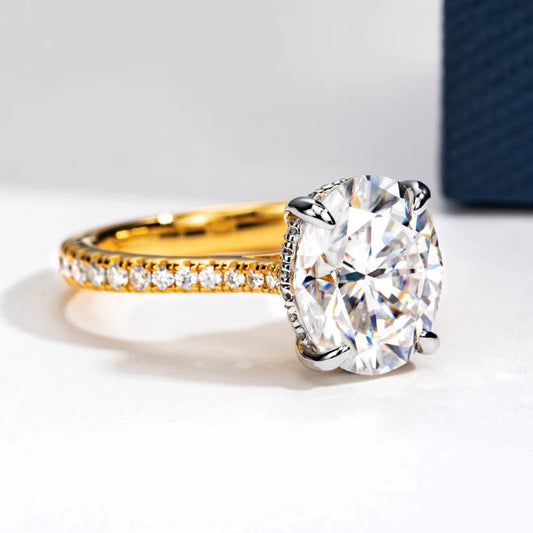 Luckacco DEZO 5.0ct Oval Cut Moissanite Ring For Women 14K Gold Plated 925 Sterling Silver Engagement Wedding Anniversary Fine Jewelry