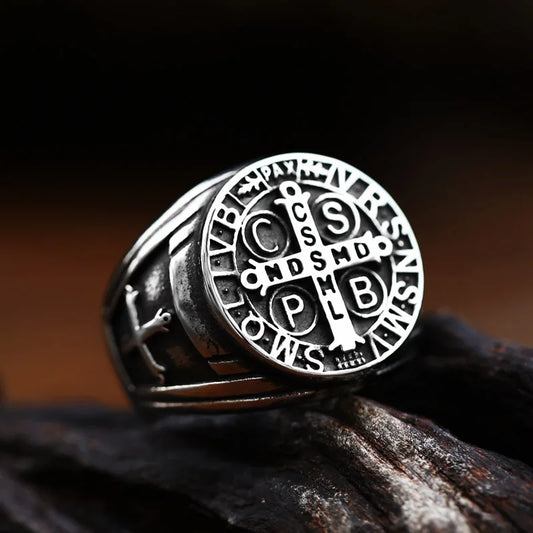 Luckacco Vintage Exorcism Saint Benedict Cspb Cross Ring Men Punk Amulet Christianity Rings Stainless Steel Jewelry Gift