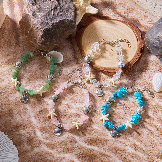 Luckacco Natural Crystal Stone Shell Bracelet Bohemian Painted Shell Starfish Anklet Beaded Bracelet For Women Beach Jewelry Gifts