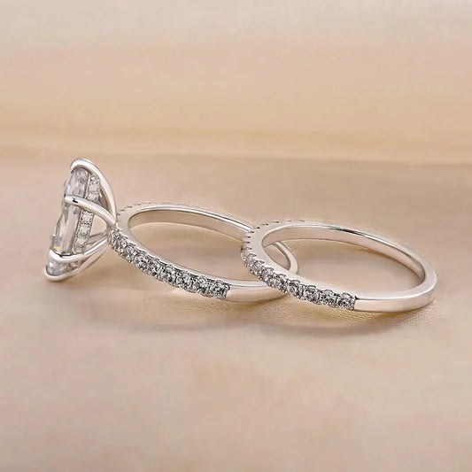 Luckacco CAOSHI 2Pcs/Set Luxury Wedding Rings for Women Bright Marquise Zirconia Finger Jewelry Gorgeous Fashion Silver Color Accessories