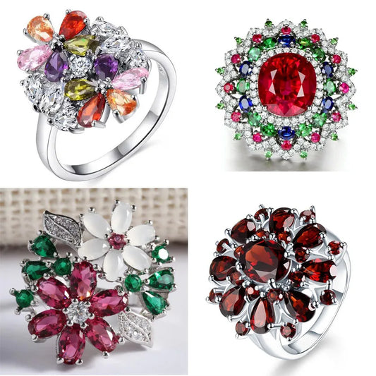 Luckacco Flower Collection ! Exquisite Colorful Cubic Zircon Flower Engagement Ring For Women Party Jewelry Hand Accessories Size 6-10
