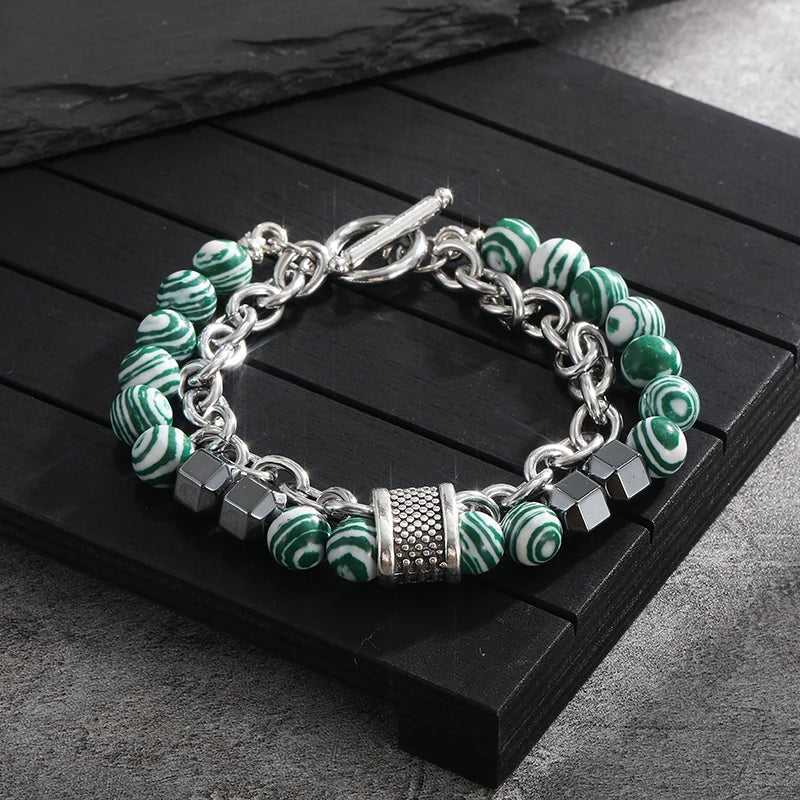 luckacco 2pcs/set natural chakra energy stone health slimming magnetic therapy men's beaded stainless steel bracelet biomagnetic bracelet