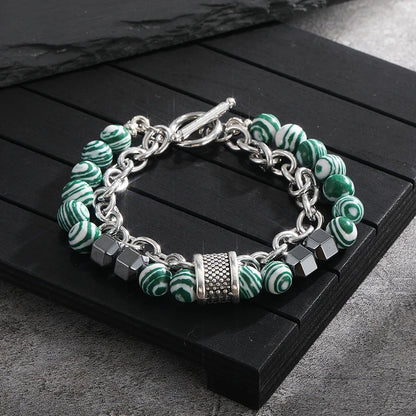 Luckacco 2Pcs/Set Natural Chakra Energy Stone Health Slimming Magnetic Therapy Men's Beaded Stainless Steel Bracelet Biomagnetic Bracelet
