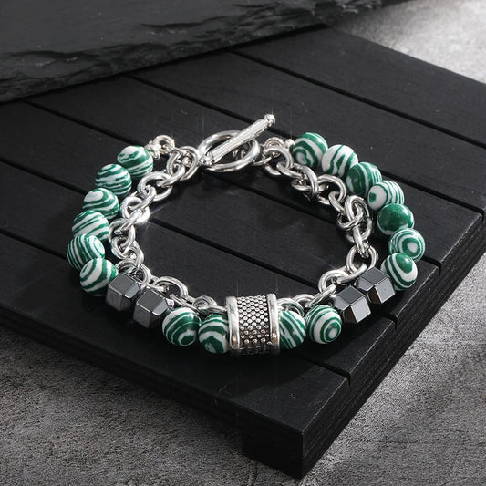 Luckacco 2Pcs/Set Natural Chakra Energy Stone Health Slimming Magnetic Therapy Men's Beaded Stainless Steel Bracelet Biomagnetic Bracelet