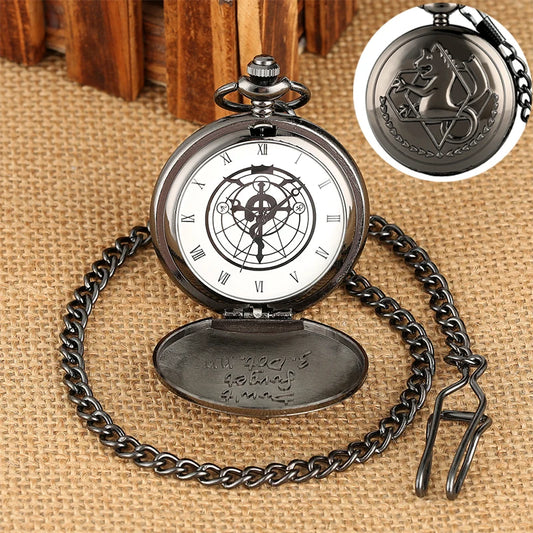 Luckacco Antique Fullmetal Alchemist Quartz Anime Pocket Watch Cosplay Edward Elric Clock Design Pendant Necklace Chain Vintage Chain