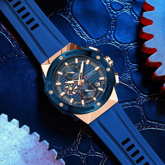 Luckacco CURREN Fashionable Sports Multifunctional Chronograph Quartz Watch with Silicone Strap Creative Design Dial Luminous Hands