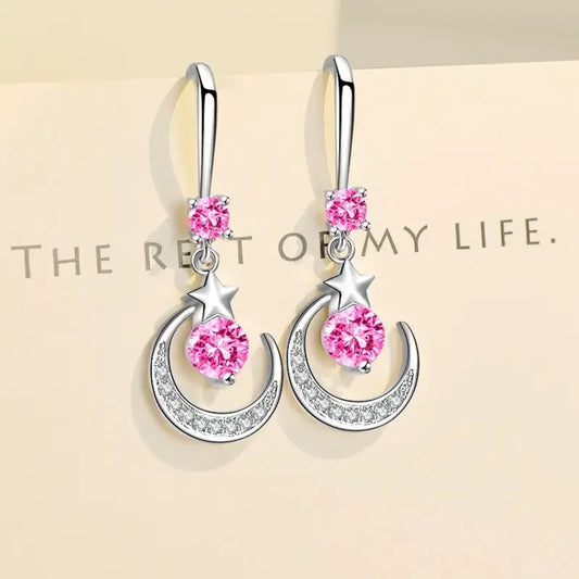 Luckacco Female Fashion Star Moon Earrings 925 Sterling Silver White Sapphire Pink Blue White Artificial Dangle Earrings