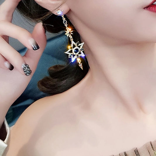 Luckacco Elegant Silver Color Asymmetric Star Moon Earrings Long Statement Tassel Sparkling Personalized Earrings Jewelry