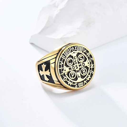 Luckacco Vintage Exorcism Saint Benedict Cspb Cross Ring Men Punk Amulet Christianity Rings Stainless Steel Jewelry Gift