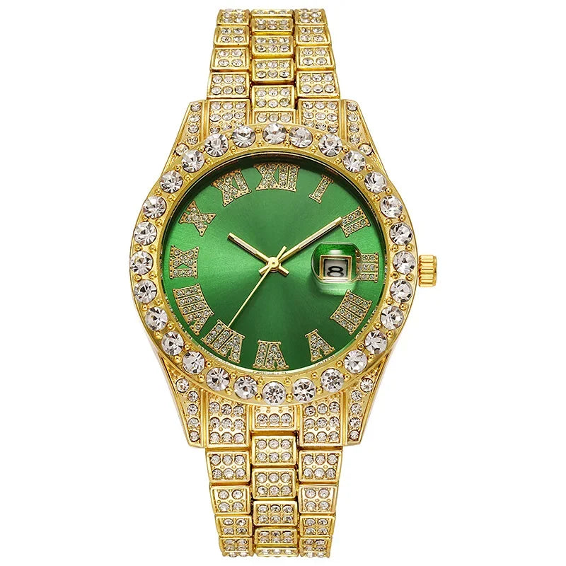 luckacco personalized hip hop watch with shiny rhinestones for men, luxury clock, band length, iced steel belt, 40mm diameter glass dial