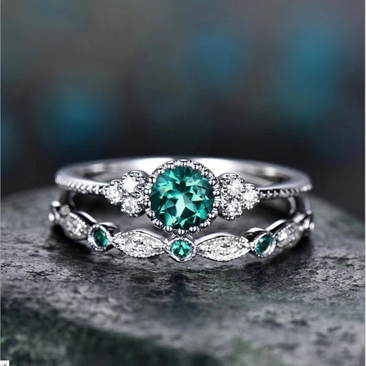 Luckacco 925 Sterling Silver Ring Set with Emerald Zircon Crystals for Women Engagement Wedding Glamour Jewelry Gifts