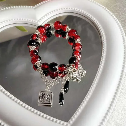 Luckacco Fashion Vintage Red Beaded Chain Bracelet for Women Butterfly Pendant Charm Bracelets Anime Tian Guan Ci Fu Jewelry Accessories