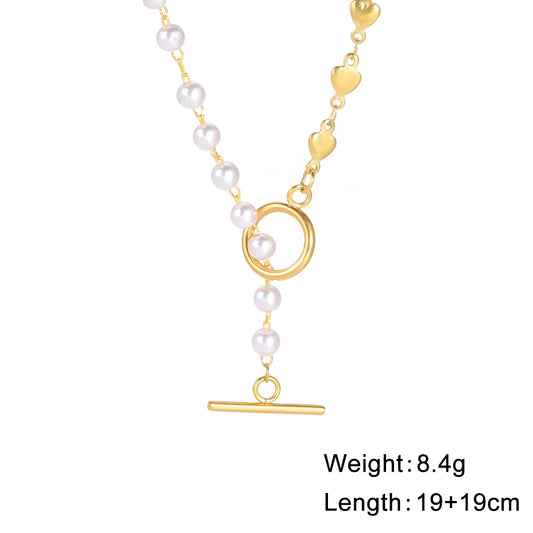 Luckacco Unift Paperclip OT Buckle Pearl Necklace Choker Half Pearl Half Chain Gold Plated Necklace Fashion Boho Wedding Jewelry Women