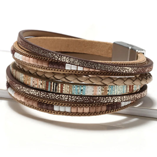 Luckacco Multilayer Brown Leather Bracelet For Women Fashion Creative Bohemian Hand Woven Magnetic Clasp Bracelet