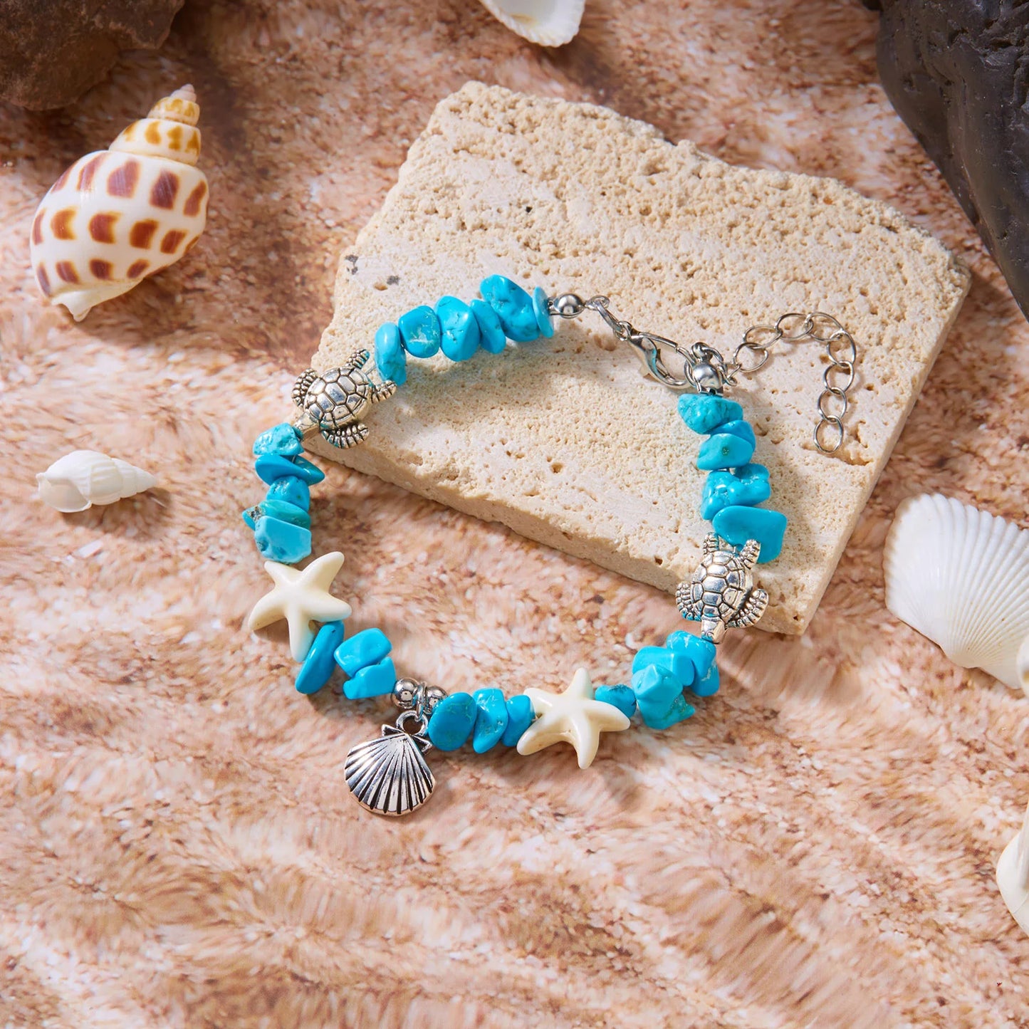 luckacco natural crystal stone shell bracelet bohemian painted shell starfish anklet beaded bracelet for women beach jewelry gifts