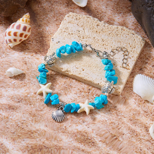 Luckacco Natural Crystal Stone Shell Bracelet Bohemian Painted Shell Starfish Anklet Beaded Bracelet For Women Beach Jewelry Gifts