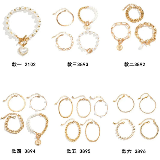Luckacco 4pcs Set Imitation Pearl Chain Beaded Bracelet for Women New Temperament Gold Color Stainless Steel Bangle Jewelry Accessories