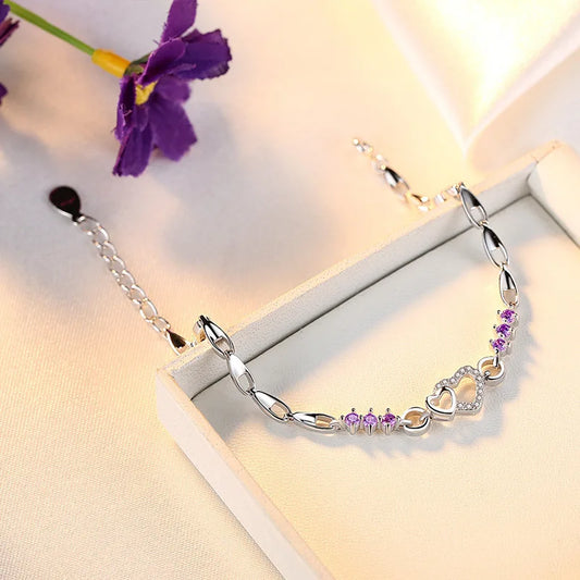 Luckacco New 925 Sterling Silver Bracelet Purple Crystal Zircon Heart For Woman Charm Bracelet Jewelry Gift