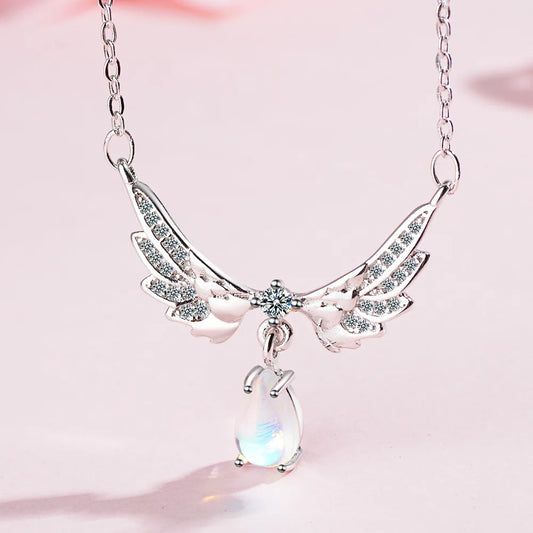 Luckacco 925 Sterling Silver Jewelry Wing Water Drop Crystal Chain Necklaces With Pendant For Women Elegant Accessories