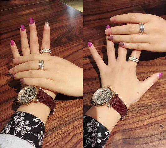 Luckacco Luxury Rose Gold Color Double Row Square Zircon Stainless Steel Ring For Women Romantic Engageme Wedding Party Jewelry Female
