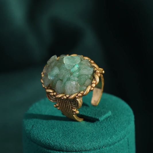 Luckacco Vintage Wedding Rings for Women Round Blue Natural Oval Green Crystal Horse Eye Shape Glass Retro Pattern Gold Color Jewelry