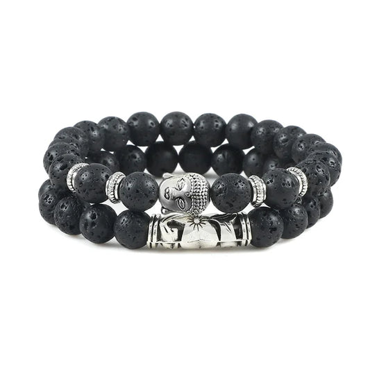 Luckacco 2pcs/set Buddha Head Bracelet for Women Men Natural Tiger Eye Lava Stone Yoga Beads Distance Bracelets Charm Couple Jewelry Gift