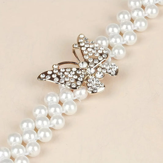 Luckacco Elegant Butterfly Buckle Belt with Faux Pearls and Rhinestones - Elastic Waistband for Dresses and Girdles