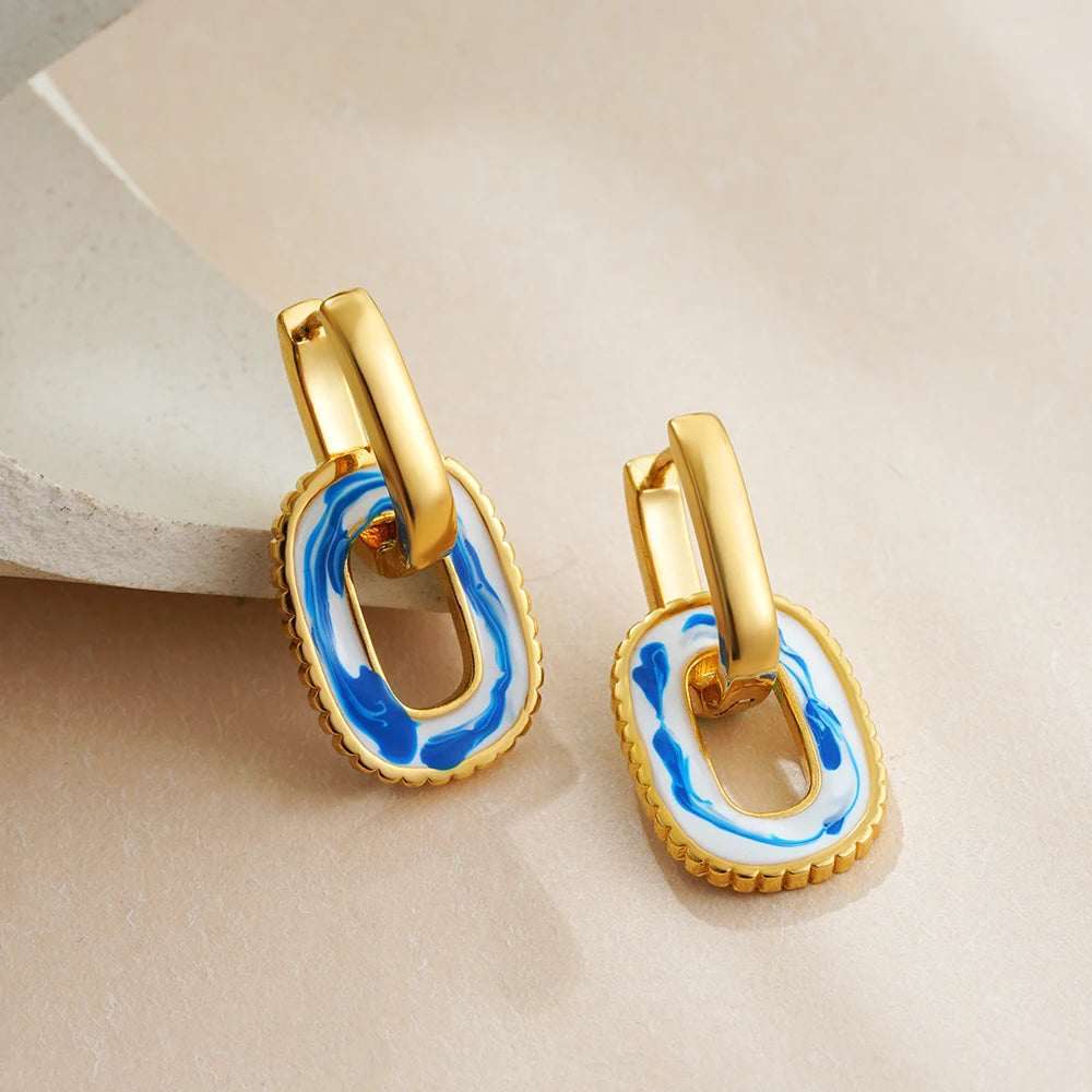 luckacco vintage white&blue flower enamel beads hoop earrings for women gold plated stainless steel huggies earring creative jewelry gift