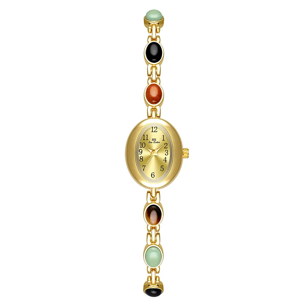 luckacco 2025 women quartz watch luxury brand retro natural dongling stone hotan jade waterproof ladies advanced chain wristwatches gift