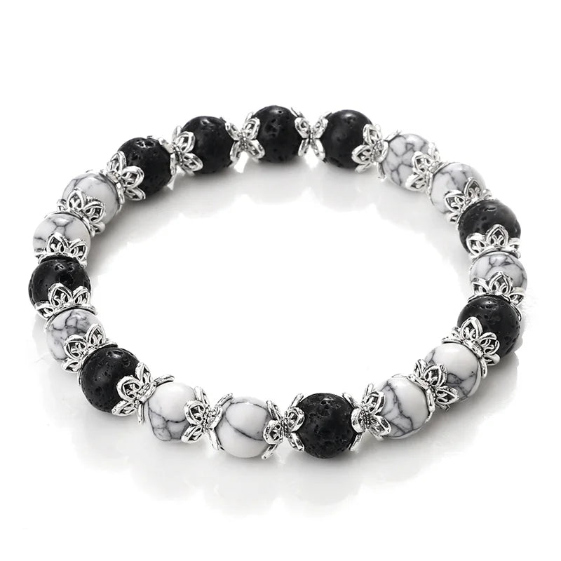 luckacco 8mm white howlite stone women bracelet metal spacer charm natural agates pink rose quartz beads bracelets for men jewelry gifts