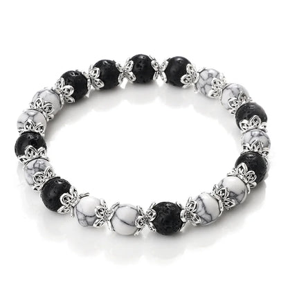 Luckacco 8mm White Howlite Stone Women Bracelet Metal Spacer Charm Natural Agates Pink Rose Quartz Beads Bracelets for Men Jewelry Gifts