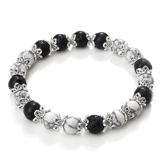Luckacco 8mm White Howlite Stone Women Bracelet Metal Spacer Charm Natural Agates Pink Rose Quartz Beads Bracelets for Men Jewelry Gifts