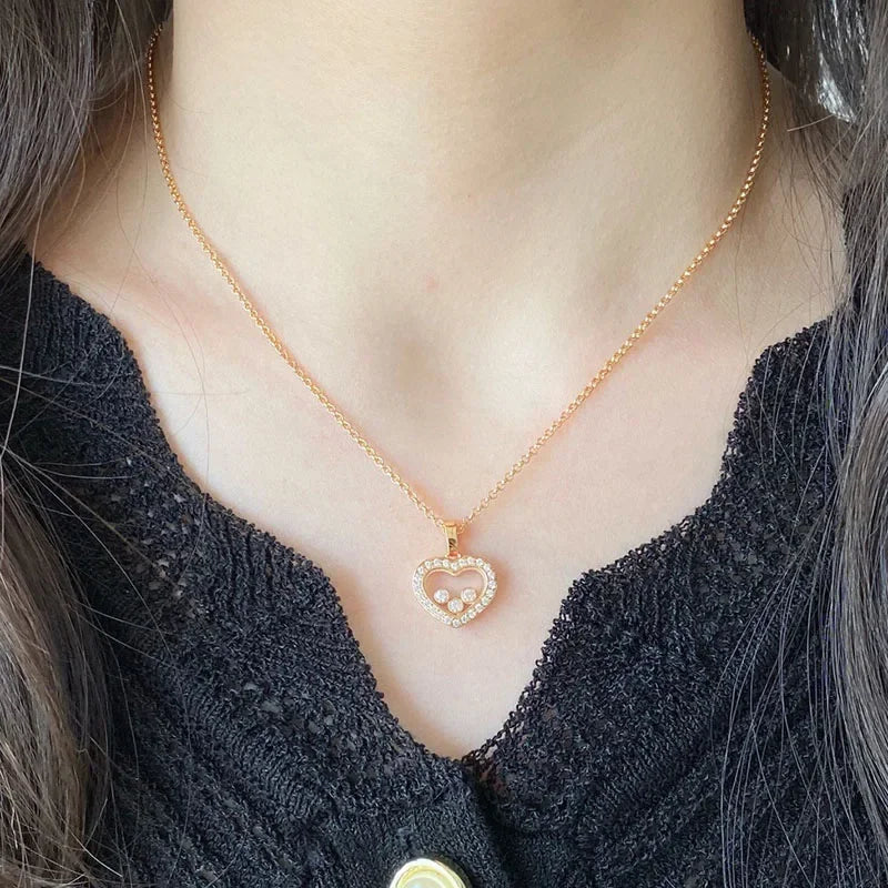 luckacco high quality happy move stone zircon love heart pendant necklace sets for women fashion jewelry party gift