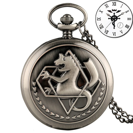 Luckacco Antique Fullmetal Alchemist Quartz Anime Pocket Watch Cosplay Edward Elric Clock Design Pendant Necklace Chain Vintage Chain