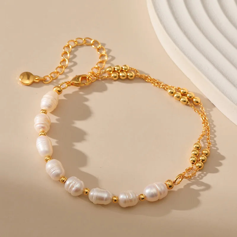 luckacco fashion freshwater pearl gold plated beaded bracelet for women natural pearls with link chain bracelet bangles charm jewelry