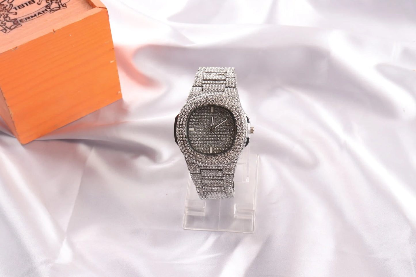 luckacco golden quartet quartz watch stylish square full star set steel band calendar men's women's wristwatch