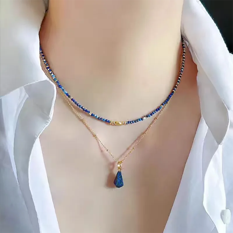 luckacco natural stone jewelry women beaded necklace stylish collarbone chain natural lapis lazuli necklace