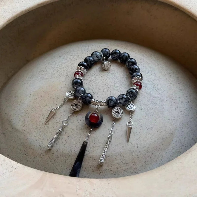 luckacco vintage black beaded tassel bracelets for women men new chinese ethnic style moon handmade beads bracelets jewelry party gifts