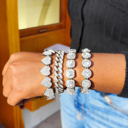 Luckacco Iced Out Pink Cuban Bracelet for Women Hip Hop Gold Silver Color Crystal Heart Circle Square Bracelet 4Pcs Set Jewelry Gift