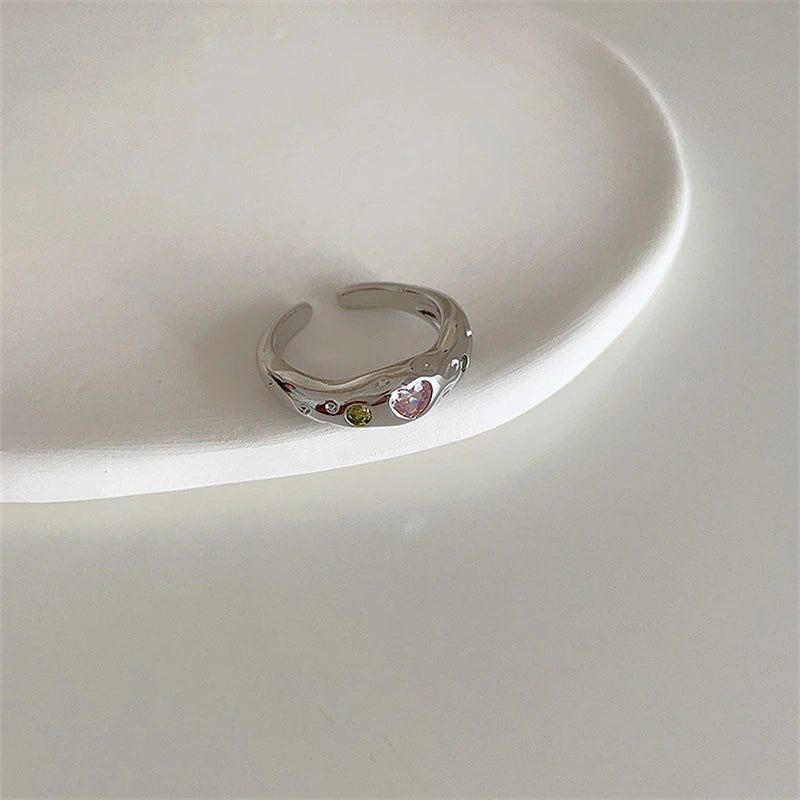 luckacco pink crystal irregular heart rings creative zircon bowknot opal love heart open ring y2k shiny rings for women party jewelry