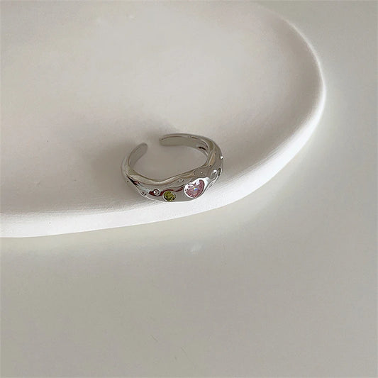 Luckacco Pink Crystal Irregular Heart Rings Creative Zircon Bowknot Opal Love Heart Open Ring Y2K Shiny Rings for Women Party Jewelry