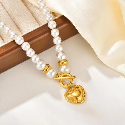 Luckacco High Quality Imitation Pearl Beaded Necklace, Stainless Steel OT Buckle Heart Pendant Choker, Luxury Statement Jewelry for Women