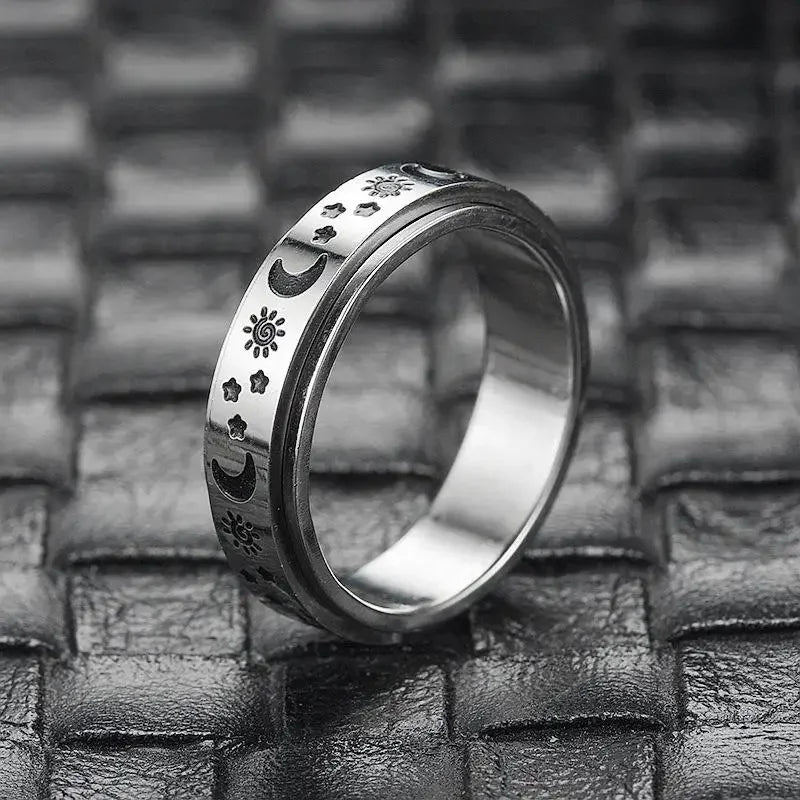 luckacco vintage stainless steel sun moon star rotating spinning wedding promise anniversary statement band ring jewelry
