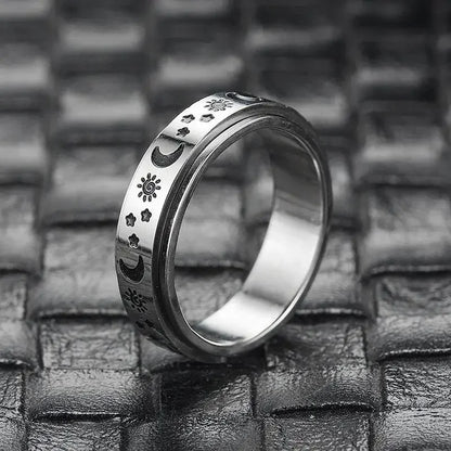 Luckacco Vintage Stainless Steel Sun Moon Star Rotating Spinning Wedding Promise Anniversary Statement Band Ring Jewelry