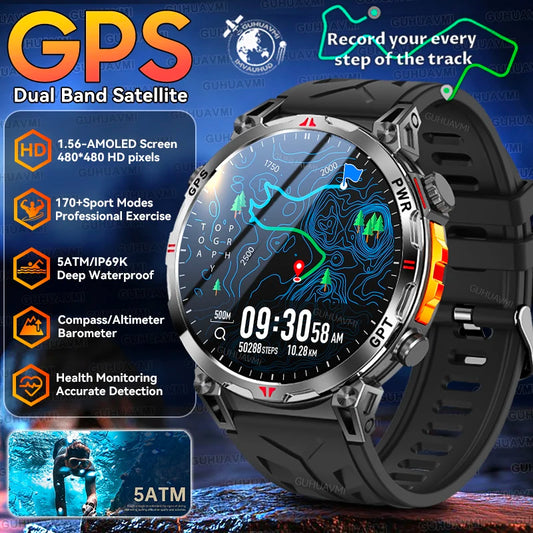 Luckacco 2025New Military GPS Sports SmartWatch Men 1.56" AMOLED Screen Compass Altimeter 5ATM Waterproof 560mAh Wireless Call Smartwatch