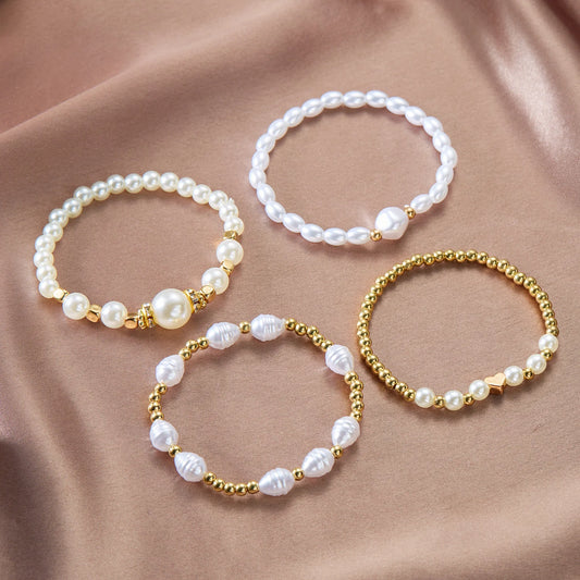 Luckacco Boho Imitation Pearl Beaded Metal Beads Bracelet for Women Vintage Handmade Woven Adjustable Chain Bowknot Heart Jewelry Gifts