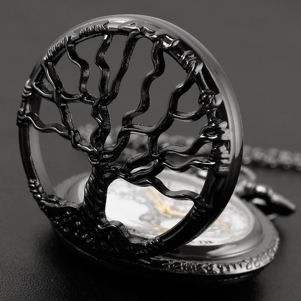 luckacco tree of life pattern sketch ink painting dial pocket watch all black vintage necklace chain quartz fob clock reloj