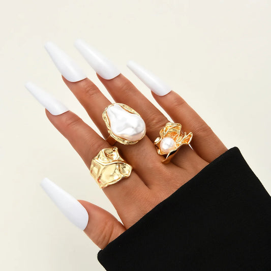 Luckacco Vintage Chic Geometric Stone Inlaid Ring Set for Women Simple Chunky Gold Color Geometric Rings Daily Wear Party Jewelry Gifts